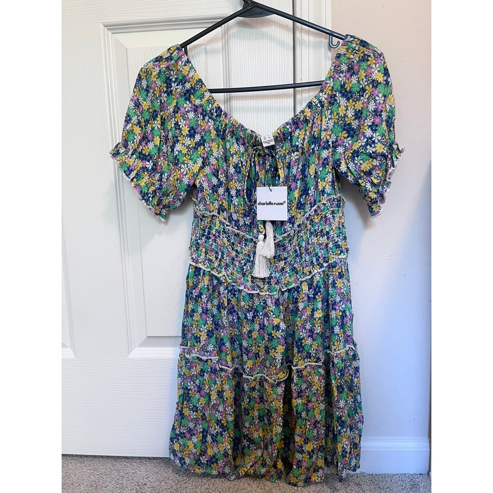 Charlotte Russe Floral Smocked Mini Dress Tassel Tiered Ruffle Boho NWT Small
